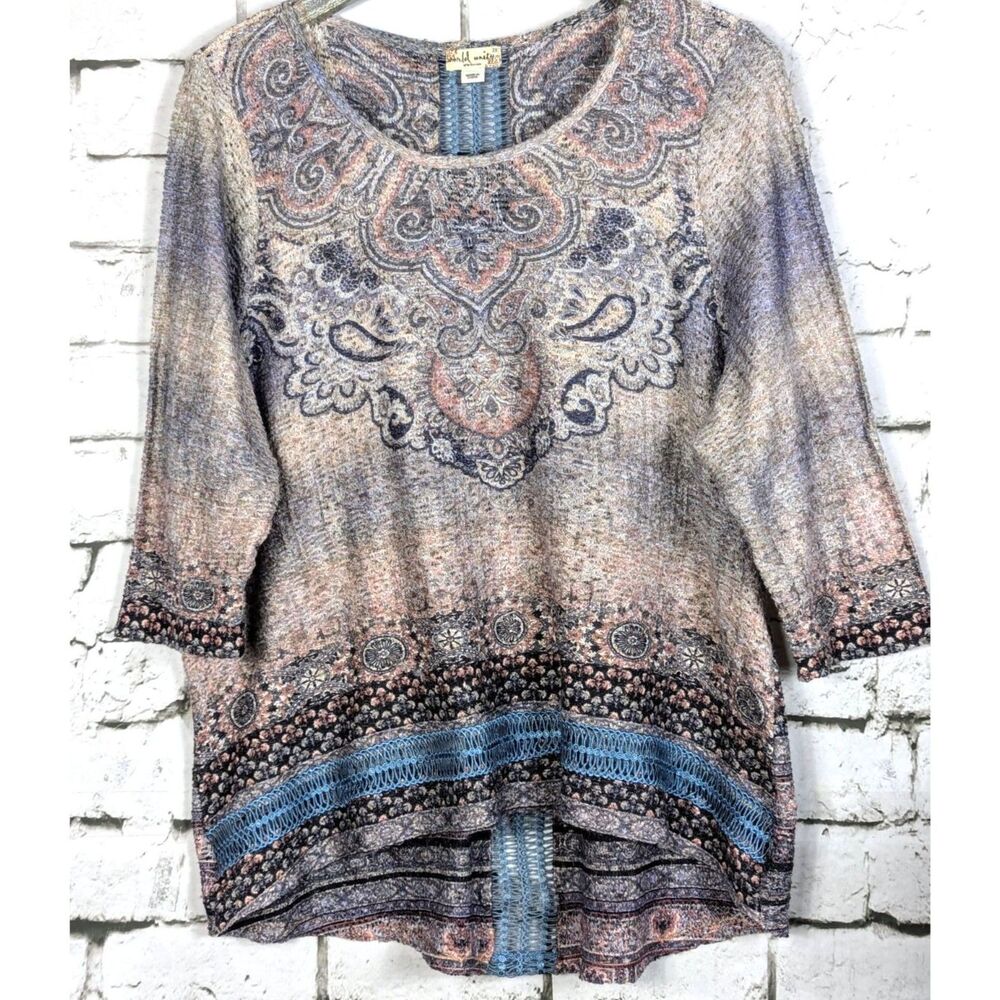 WORLD UNITY Lagenlook Boho Pullover Knit Tunic Top Artsy Lace Soft Knit Size 2X